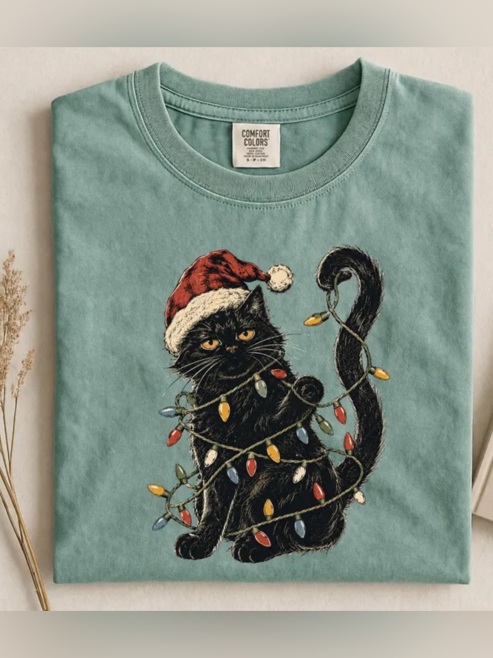 Comfort Colors Seafoam Green Tee with Festive Black Cat Graphic